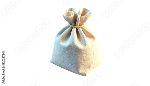 A tied-up beige cloth bag against a black backdrop, slightly lit from the side