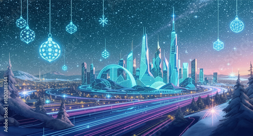 Futuristic winter city glowing with neon holiday lights. Snowy sci-fi metropolis illuminated in icy blue energy. Neon winter skyline with luminous futuristic architecture