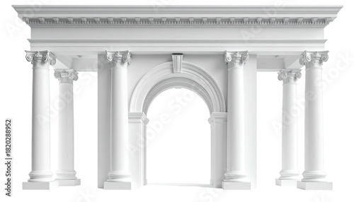 Classical architectural facade with columns, arch, and ornate details, white on black