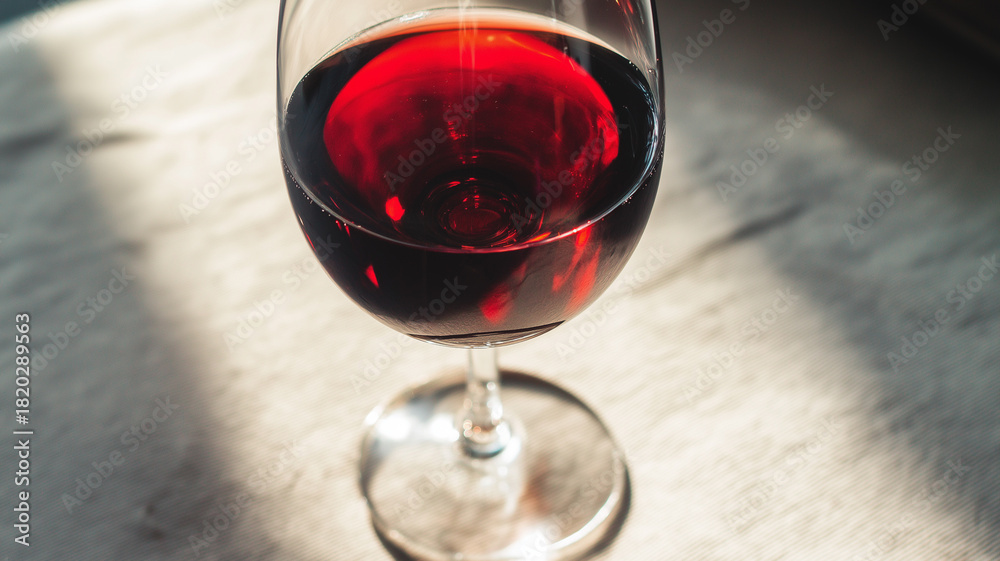 Naklejka premium A glass of rich red wine on a table, bathed in soft afternoon sunlight, invites relaxation Generative AI