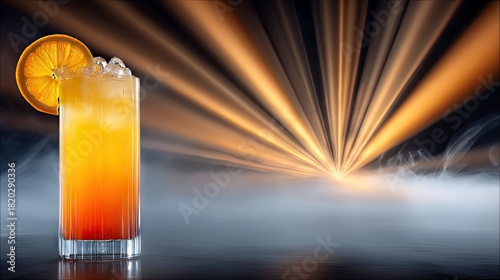 A tall glass of Tequila Sunrise cocktail, garnished with an orange slice and filled with ice, sits on a dark surface. Dramatic orange light rays emanate from th