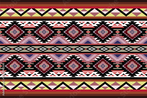 Navajo semi-geometric seamless pattern combining tribal motifs with clean geometric shapes. Balanced lines, bold symmetry, and modern ethnic aesthetics. Ideal for textiles, fashion prints, fabric desi