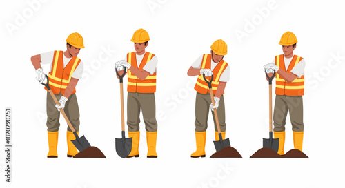 Construction worker digging with shovel in different poses.