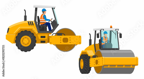 Two yellow road rollers with operators, heavy construction vehicles for compacting surfaces.