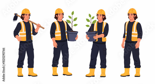 Four illustrations of a construction worker in various poses, holding tools and a potted plant.