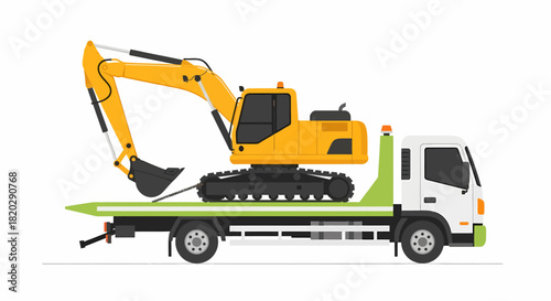 Yellow excavator on a flatbed truck, side view, isolated.