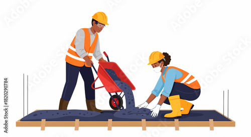 Construction workers pouring concrete from a wheelbarrow into a wooden frame, wearing safety gear.
