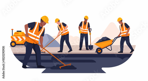 Road construction workers paving asphalt with tools and machinery.