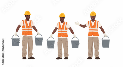 Set of three illustrations of a Black male construction worker in a safety vest and hard hat, holding two grey buckets in different poses.
