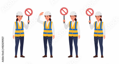 Construction worker holding a stop sign in various poses.
