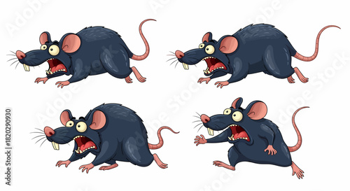 A set of four cartoon illustrations of a scared black rat in various panicked poses, isolated on a white background.
