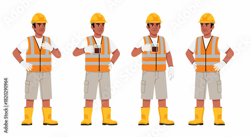 Male construction worker character set in different poses, wearing a hard hat and safety vest, isolated on a white background.