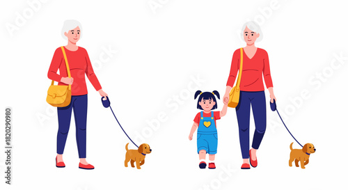 Illustration of a woman walking a dog, and a woman walking a dog with a child.