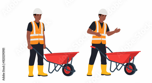 Two illustrations of a construction worker in safety gear pushing a red wheelbarrow, ready for work on a job site.