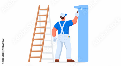A professional painter in uniform with a roller applies blue paint to a wall next to a wooden ladder.