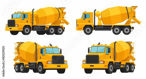 Four yellow concrete mixer trucks in different views.