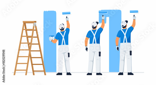 Three male painters in blue shirts and white overalls are painting a wall blue with rollers, next to a wooden ladder.