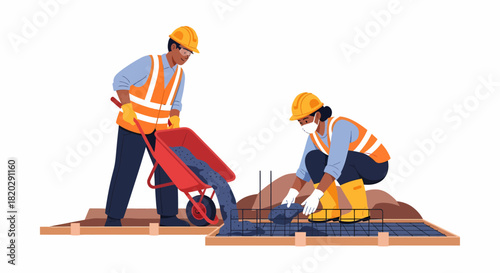 Two construction workers in safety gear pouring and smoothing a concrete foundation from a wheelbarrow.