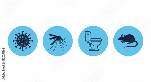 Illustrative icons representing potential health hazards, including viruses, insects, and sanitation concerns.