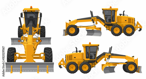 Set of yellow motor grader heavy equipment vehicles from front, side, and isometric views isolated on a white background.