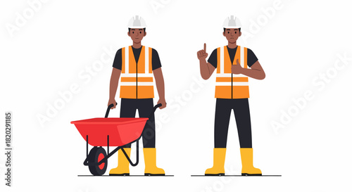 Construction worker with wheelbarrow and thumbs up.