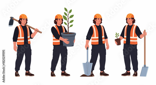 A set of four illustrations depicting a male worker in a hard hat and safety vest, engaged in planting activities with various gardening tools and plants.