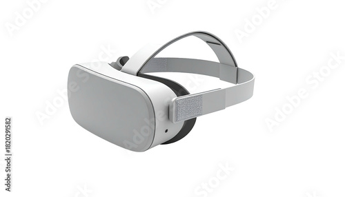 A sleek, modern virtual reality headset, gray and white, angled view, isolated