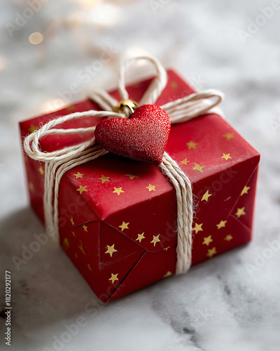 Bright red gift box adorned with golden stars and a heart-shaped ornament sits on a marble surface Generative AI