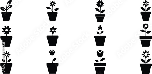 Black Silhouette Icons of Potted Plants Featuring Diverse Leaf and Flower Designs in a 4x3 Grid for Botanical, Decorative, and Educational Use