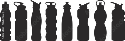 Collection of reusable water bottle silhouette designs featuring various shapes and sports lids in minimalist black vector style for hydration, fitness, and eco-friendly themes