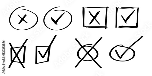 Right and Wrong Mark Handdrawn Vector A set of check (correct) and cross (incorrect) symbols drawn informally by hand, ideal for checklists, exams, approval, and rejection graphics.
