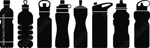 Set of assorted reusable water bottle silhouette designs showing various shapes, sports lids, and modern drink containers in clean black vector style for hydration themes