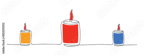 continuous single-line hand-drawn candles with glowing flames, elegant doodle line art illustration ideal for decorative designs, celebration, spirituality, and holiday themes. vector illustration