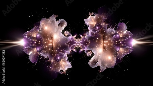 A symmetrical, abstract depiction of a cosmic nebula or explosion, featuring swirling purple and white gaseous forms, illuminated by numerous small, bright gold