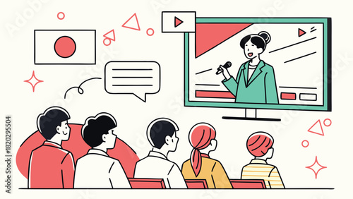 Audience Group Watching Online Presentation or Webinar on a Large Screen, Featuring a Speaker and Digital Elements, Flat Vector Illustration