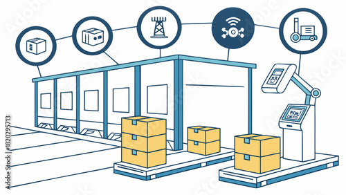 Automated Logistics and Supply Chain Management System with Robotic Arm and IoT Connectivity in Smart Warehouse Illustration
