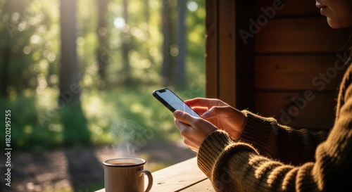 Person in a cozy sweater using a smartphone with a steaming mug by a sunlit forest window.