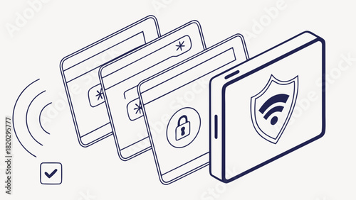 Digital Security Concept: Smartphone Protecting Wireless Data, Password, and Private Information with Wi-Fi Shield and Authentication