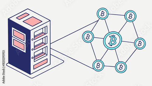 Server Rack and Blockchain Network with Bitcoin Symbol. Isometric Illustration of Cryptocurrency Mining, Decentralized Data, and Digital Finance Te...