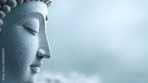 a serene close-up of a Buddha statue, radiating peace and mindfulness. Its closed eyes and gentle smile evoke a sense of inner tranquility.