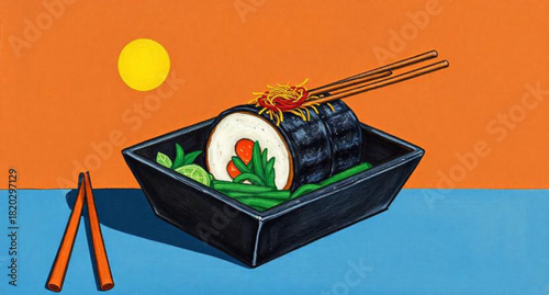 Two burning candles illuminate a gourmet salmon sushi roll with chopsticks on a white plate