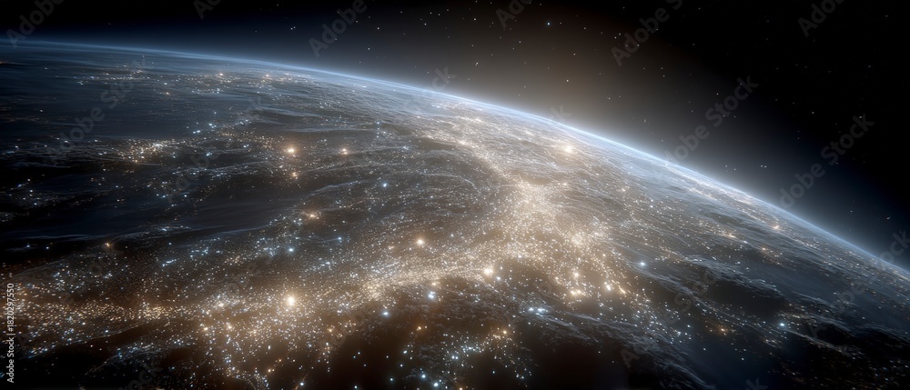 Obraz premium View of Earth at night from orbit showing illuminated city lights glowing across the dark surface