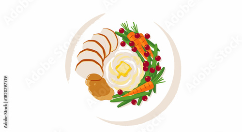 Illustration of a Thanksgiving dinner plate with turkey, mashed potatoes, gravy, carrots, and cranberries.