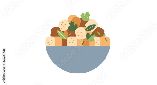 A close-up illustration of a bowl filled with delicious-looking croutons and fresh herbs.