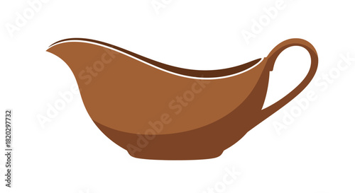 A simple, brown ceramic gravy boat with a handle and spout, isolated on a white background.