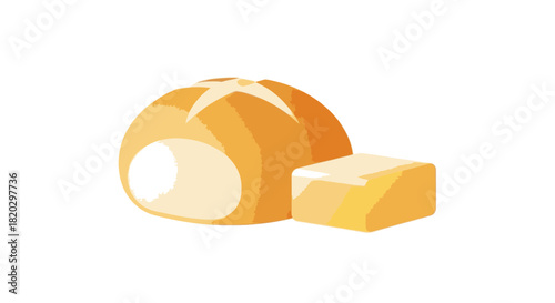 A close-up illustration of a fresh, golden-brown bread roll with a pat of butter beside it.