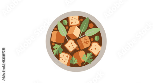 A top-down illustration of a hearty bowl of soup with tofu cubes, peas, and fresh herbs.