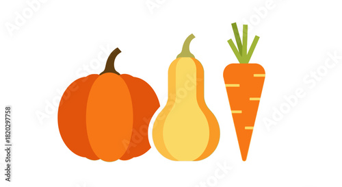 A vibrant illustration featuring a round orange pumpkin, a pale yellow butternut squash, and a bright orange carrot with green tops.