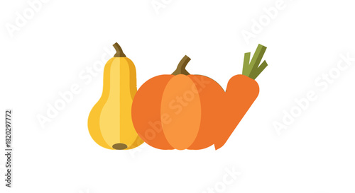 Simple flat illustration of a butternut squash, pumpkin, and carrot on a white background.
