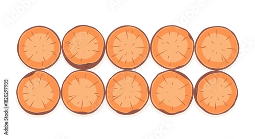 A top-down view of ten sliced sweet potatoes arranged in two rows of five.